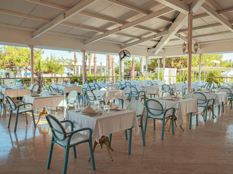 Área exterior cubierta de un restaurante con manteles y sillas, rodeada de palmeras y sol.