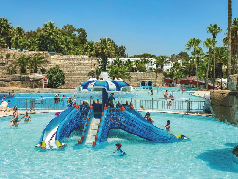 Děti hrající si na skluzavce ve tvaru delfína v slunném bazénu s palmami.