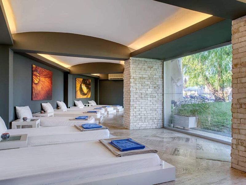 Luxusní vnitřní bazénová oblast s lehátky a velkými okny ukazujícími zeleň venku.