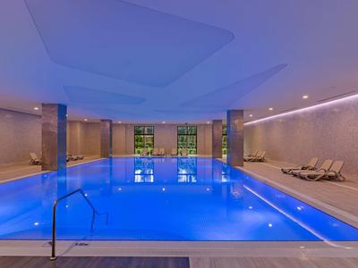 Piscina interior moderna con iluminación azul y tumbonas en un hotel de lujo.