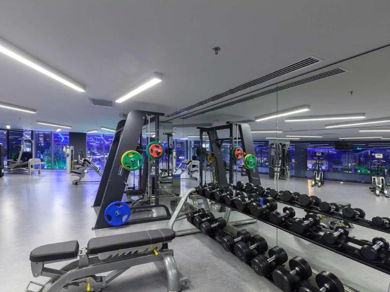 Modern gym with dumbbells, strength machines, and exercise bikes in a bright, spacious studio.