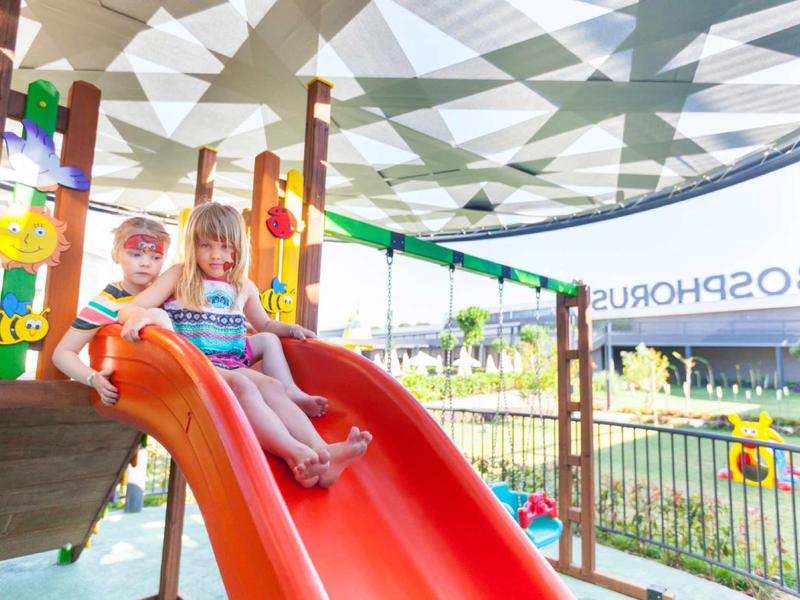 Children happily slide down a colorful playground with wooden structure and red slide.