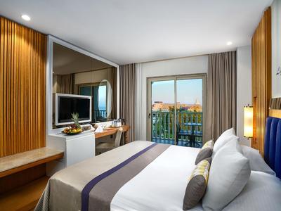 Modern hotelkamer met tweepersoonsbed, tv, houten panelen en balkon met uitzicht.