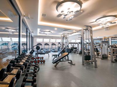Moderner Fitnessraum mit Gewichten, Trainingsgeräten und großen Fenstern für Tageslicht.