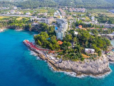 Aerial view of a wooded peninsula with sea and buildings along the shore.