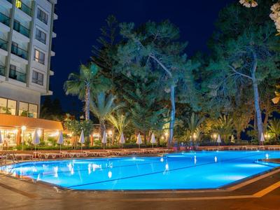 Illuminated outdoor pool beside hotel building and trees at night