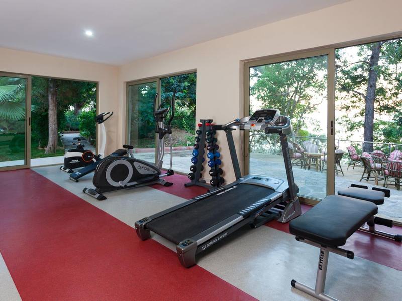 Modern gym with treadmill, bench, and weights overlooking the garden.
