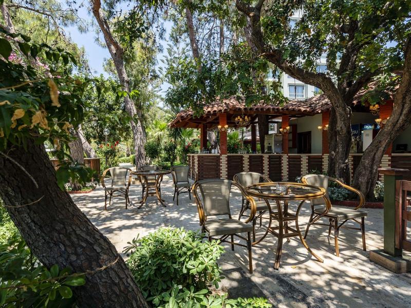 Sunny terrace with tables and chairs under trees next to a hotel building.