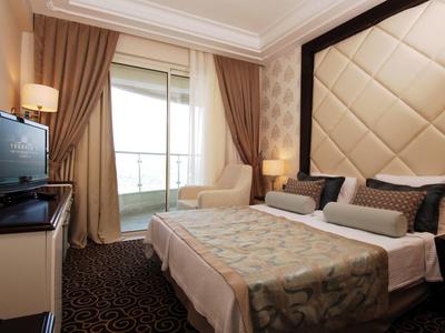 Habitación de hotel elegante con cama grande, televisor, sillón y decoración clásica.