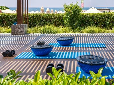 Outdoor yoga area with mats, weights, and view of greenery and sea.