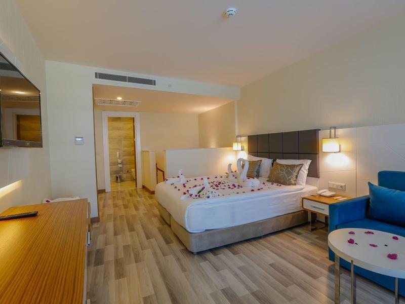 Habitación de hotel moderna con cama doble, televisor, área de estar y suelo de madera.