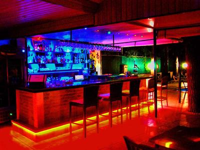 Bar mit bunter Neonbeleuchtung, Holztheke, Barstühle und moderner, gemütlicher Atmosphäre.