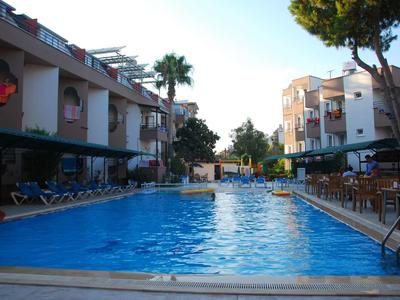 Vue d'une grande piscine extérieure entre des bâtiments d'hôtel de deux étages sous le soleil.