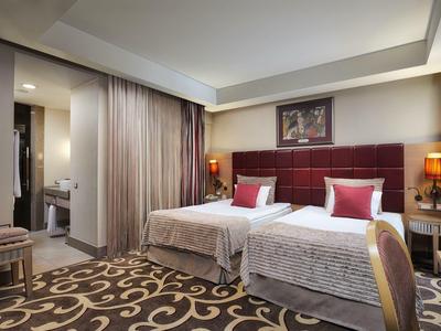 Hotelzimmer mit zwei Einzelbetten, Teppichboden und verbundenem Badezimmer.