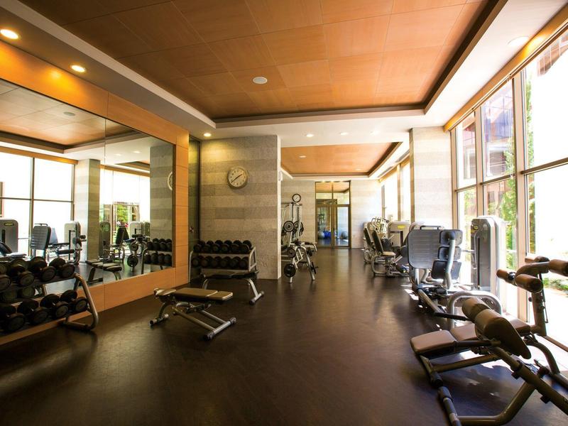 Heller Fitnessraum mit Hanteln, Geräten und großen Fenstern in einem Hotel.