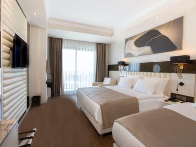 Habitación de hotel moderna con dos camas, televisor de pantalla plana y ventana grande.