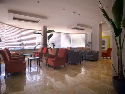 Bright, cozy hotel lounge with seating areas, large windows, and plants.