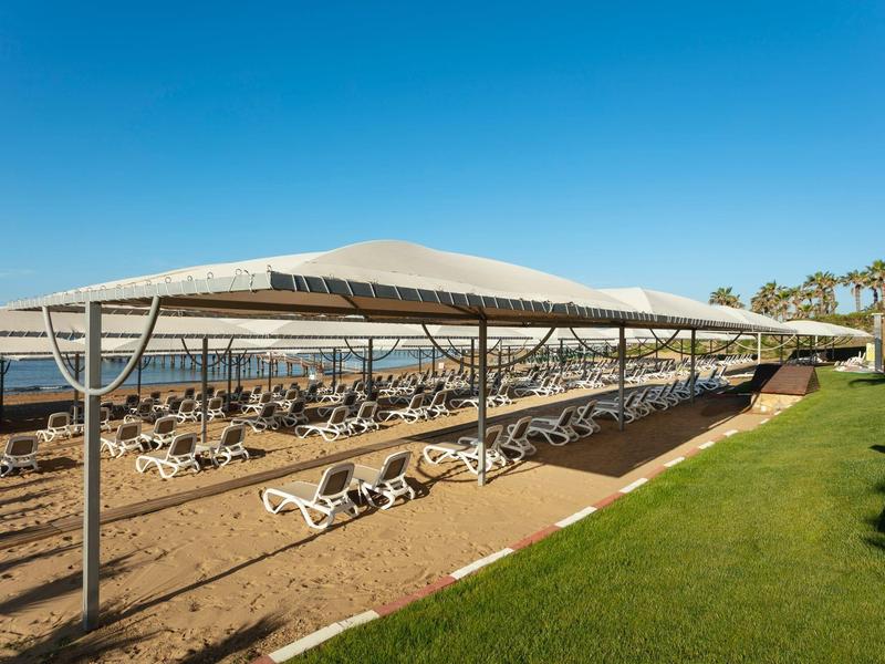 Großer Sonnenschutz mit weißen Liegestühlen am Sandstrand neben grünem Gras und blauem Himmel.