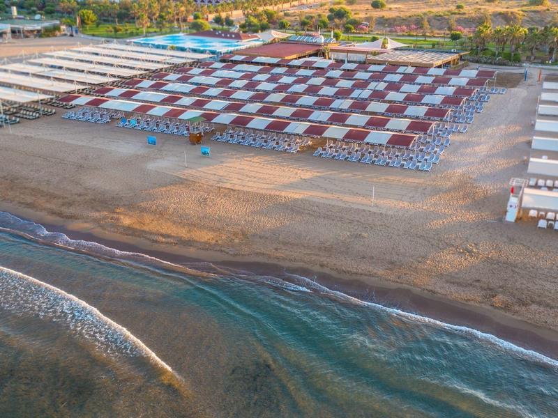 Letecký pohled na pláž s řadami slunečníků a lehátek u vody.