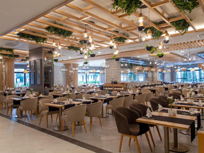 Moderní prostorná restaurace s prostřenými stoly a závěsnými rostlinami na stropě.