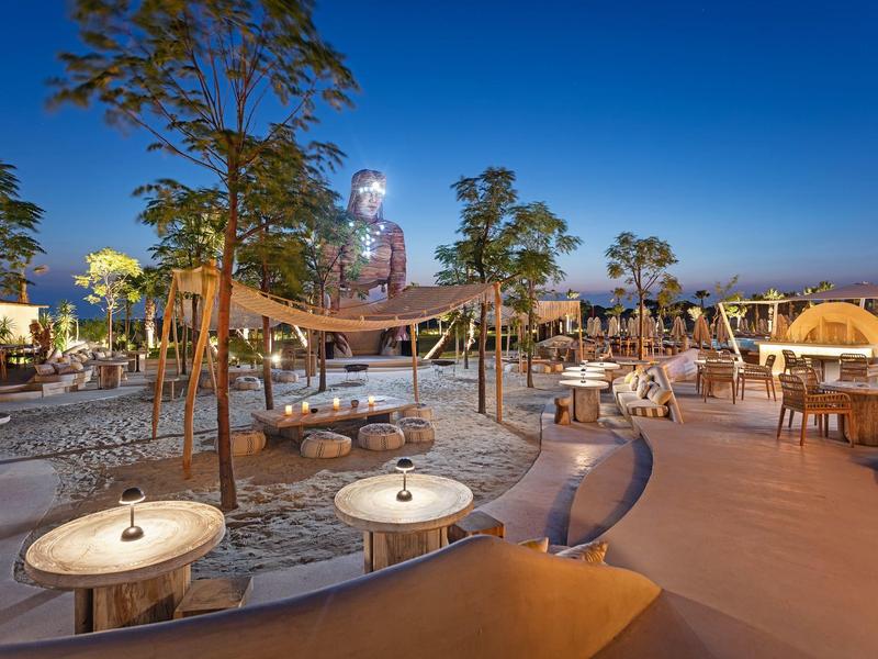 Terraza nocturna con asientos y árboles bajo un cielo despejado en un hotel.