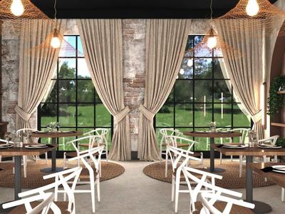 Elegancka restauracja z dużymi oknami, białymi krzesłami, zasłonami i widokiem na zieleń.