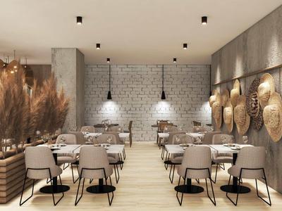 Nowoczesna restauracja z jasnymi krzesłami, drewnianymi stołami i dekoracyjnymi maskami na ścianach.
