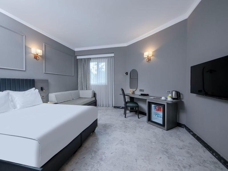 Chambre d'hôtel grise avec lit double, canapé, bureau et TV murale.