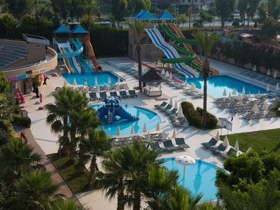 Ein großer Freizeitpark mit mehreren blau gefüllten Pools, Wasserrutschen und weißen Liegestühlen.