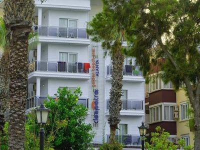 Mehrstöckiges Gebäude mit Balkonen, umgeben von Palmen und grünen Büschen, bei Tageslicht.