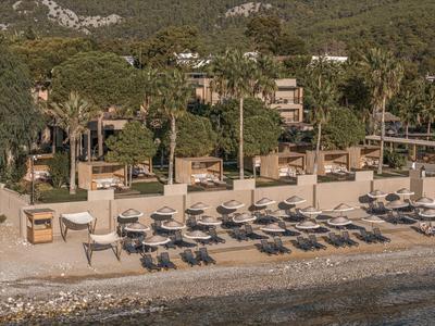 Plage avec parasols et chaises longues devant une zone hôtelière boisée.