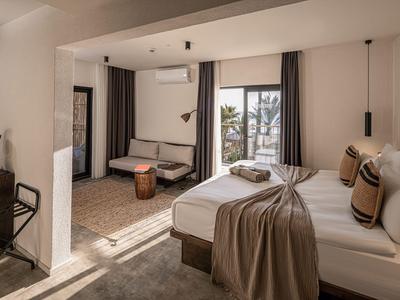 Chambre d'hôtel moderne avec lit double, canapé, armoire et grandes fenêtres avec rideaux.