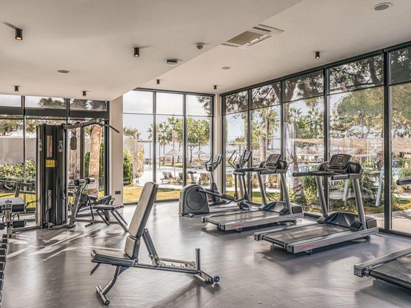 Moderní posilovna s běžeckými pásy a činkami, velká okna s výhledem do zeleně.