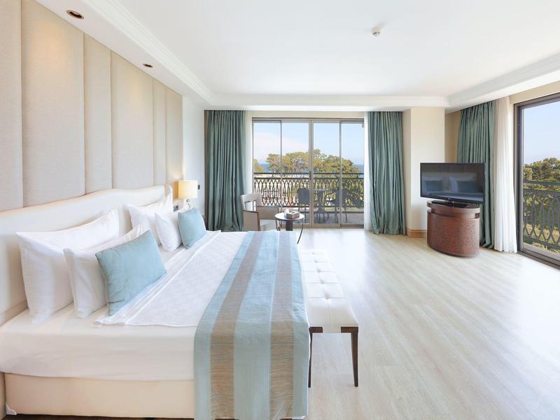 Lichte hotelkamer met groot bed, houten vloer, tv en balkon met uitzicht op groen.