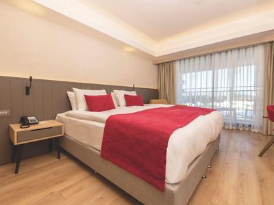 Camera d'hotel moderna con letto matrimoniale, pavimento in legno e grande finestra.