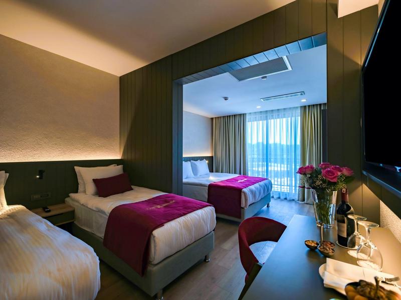 Habitación de hotel elegante con dos camas individuales y vistas al mar a través de una ventana grande.