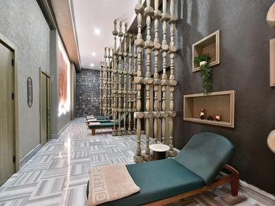 Luxusní relaxační prostor s lehátky a dekorativními prvky na stěnách ve wellness.