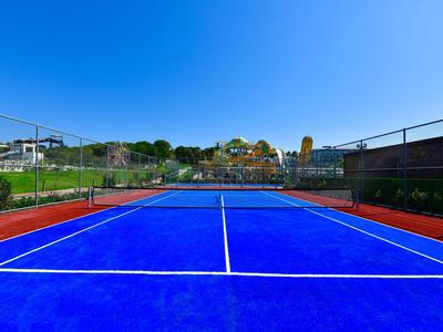 Leeg blauw tennisveld met witte lijnen bij zonnig weer