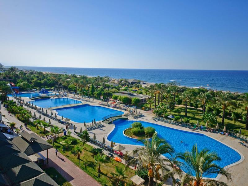 Resort pool area with palm trees and ocean view under clear sky.
