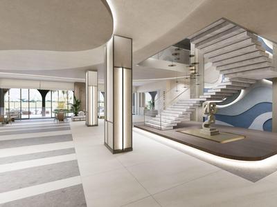 Nowoczesne lobby hotelowe z zakrzywionymi schodami i dużymi oknami