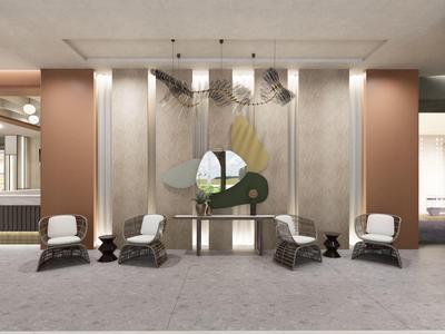 Nowoczesna przestrzeń lobby hotelowej z eleganckimi fotelami, dziełem sztuki i ciepłymi tonami.