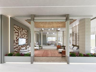 Nowoczesna recepcja hotelowa z miejscami do siedzenia, drewnianym sufitem i dużą ilością naturalnego światła.