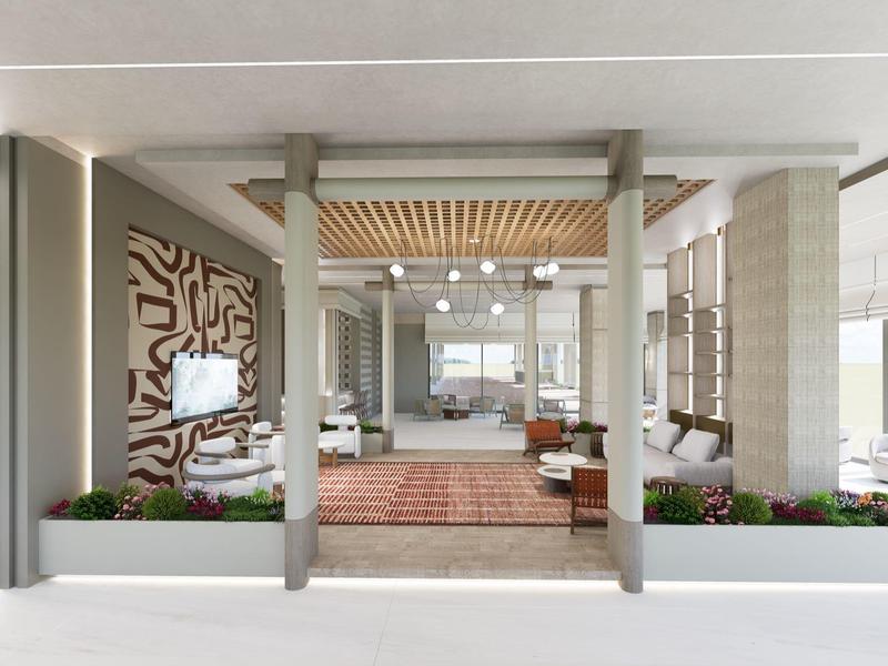 Nowoczesna recepcja hotelowa z miejscami do siedzenia, drewnianym sufitem i dużą ilością naturalnego światła.