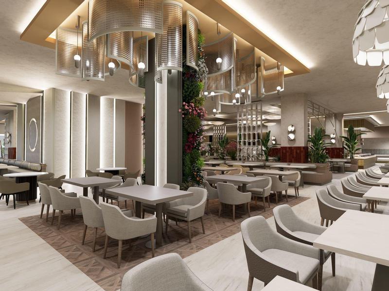 Elegancka, nowoczesna jadalnia z białymi stołami, szarymi krzesłami i efektownym oświetleniem sufitowym.