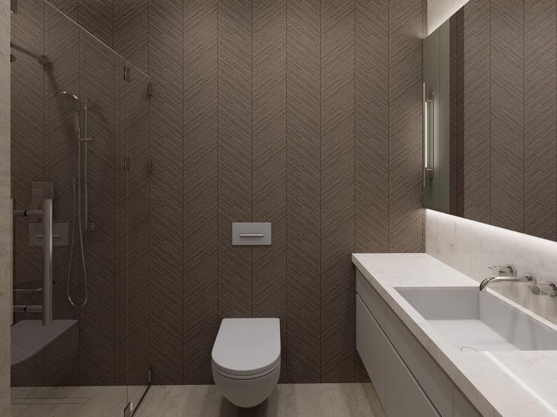 Nowoczesna łazienka z prysznicem, toaletą i szerokim blatem umywalki w neutralnych kolorach.