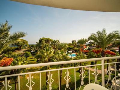 Vista da un balcone su un giardino tropicale con palme e una piscina.