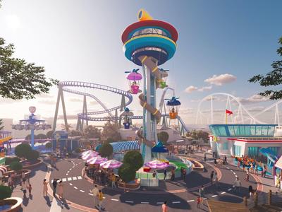 Kleurrijk pretpark met uitkijktoren, achtbaan en mensen op pleinen.