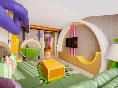 Kleurrijke hotelkamer met meubels in wezenthema en modern design.