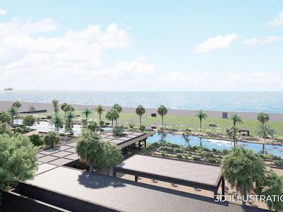 Modern pool area with palm trees and sea view on a sunny day.