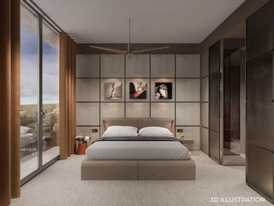 Moderní ložnice s manželskou postelí, velkými okny a elegantním designem stěn.